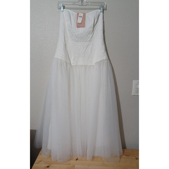 NWT Anthropologie BHLDN Strapless ALine White Satin TulleSkirt Midi Dress Size M - Picture 8 of 16